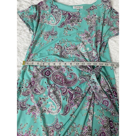 Signature Bobbie Bee Dress Women's Size PM Teal Green Faux Wrap Paisley Bow Tie - Picture 6 of 12